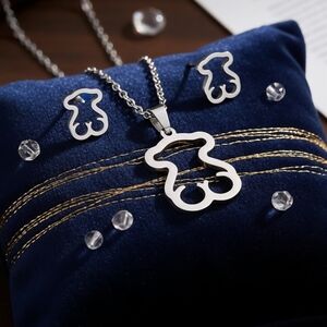 18K White Gold Plated Bear Necklace Earrings Set Stainless Steel Hypoallergenic